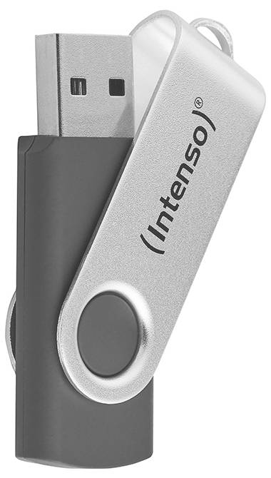 USB flash disk s otočným kovovým krytem označený nápisem 'Intenso', s černým a stříbrným designem, vyfotografovaný v úhlu ukazujícím konektor.