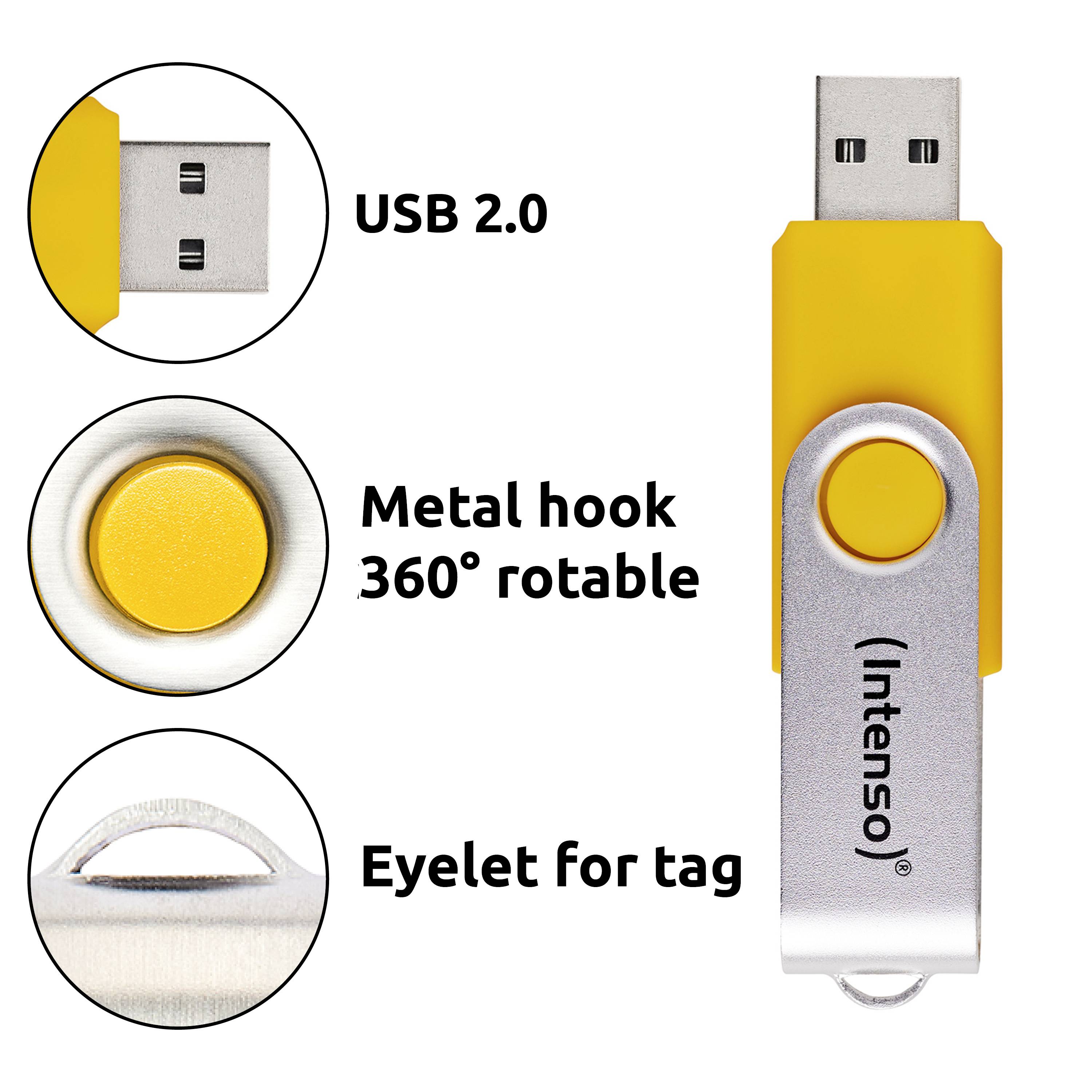 USB flash disk obsahuje: rozhraní USB 2.0, kovový háček s otočením o 360°, a očko pro připevnění štítku. Název značky vytištěn na háčku.
