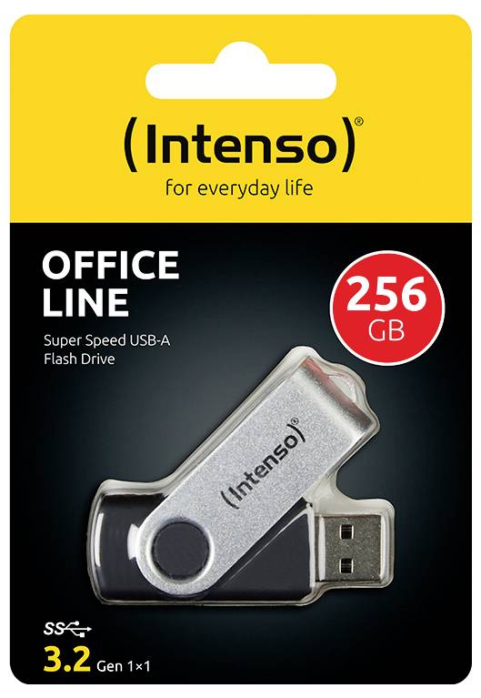 Fleš disk Intenso USB 3.2, kapacita 256 GB, označený jako vysokorychlostní, stříbrno-černý design, na žlutém obalu s brandingem Office Line.