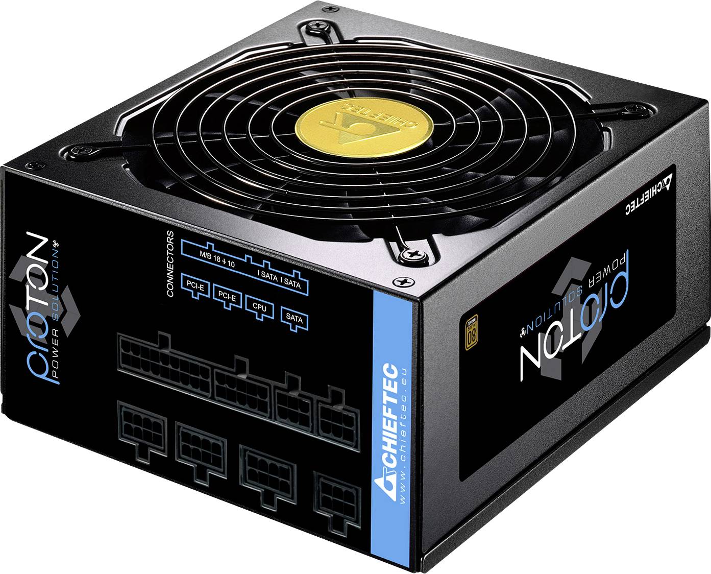 Černá počítačová napájecí jednotka s velkým chladicím ventilátorem a několika konektorovými porty označenými Molex, SATA a PCI.