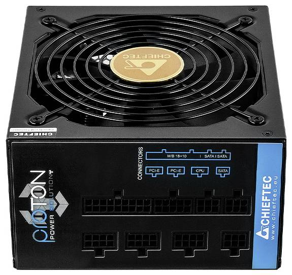 Napájecí zdroj Chieftec CFT-850-14C s různými označenými konektory pro CPU, PCI-E, SATA; s chladicím ventilátorem umístěným nahoře.