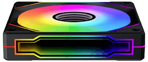 Čtvercový počítačový ventilátor s RGB osvětlením zobrazující duhový barevný přechod.