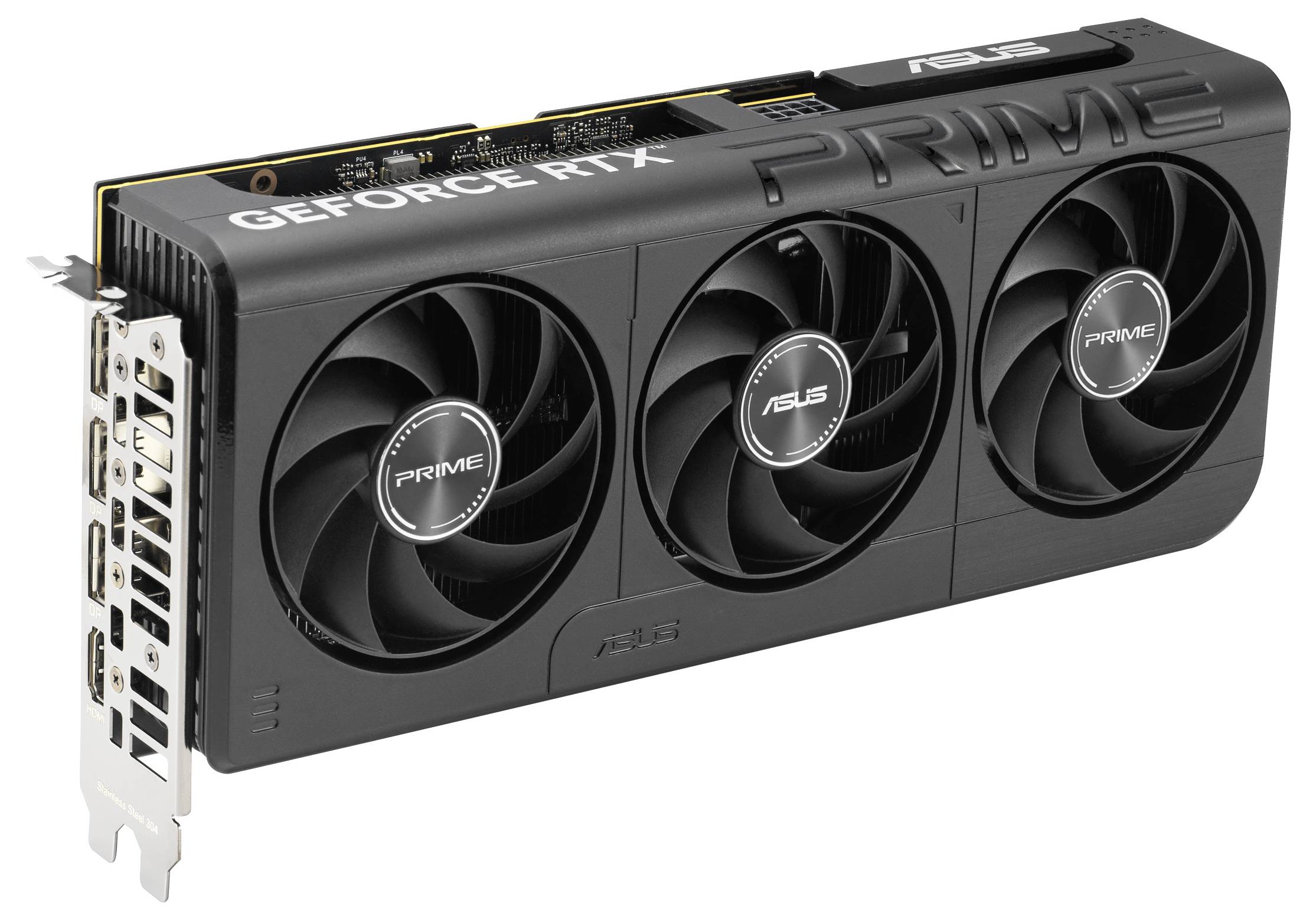 Grafická karta ASUS Prime GeForce RTX s třemi chladicími ventilátory a několika HDMI porty na straně, navržená pro vylepšený herní výkon.