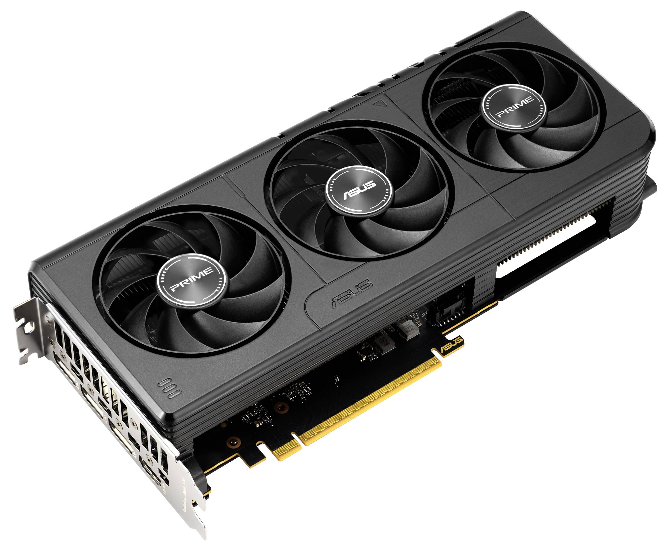 Moderní grafická karta se třemi velkými ventilátory, černým krytem a viditelnými zlatými konektory obvodu na spodním okraji.