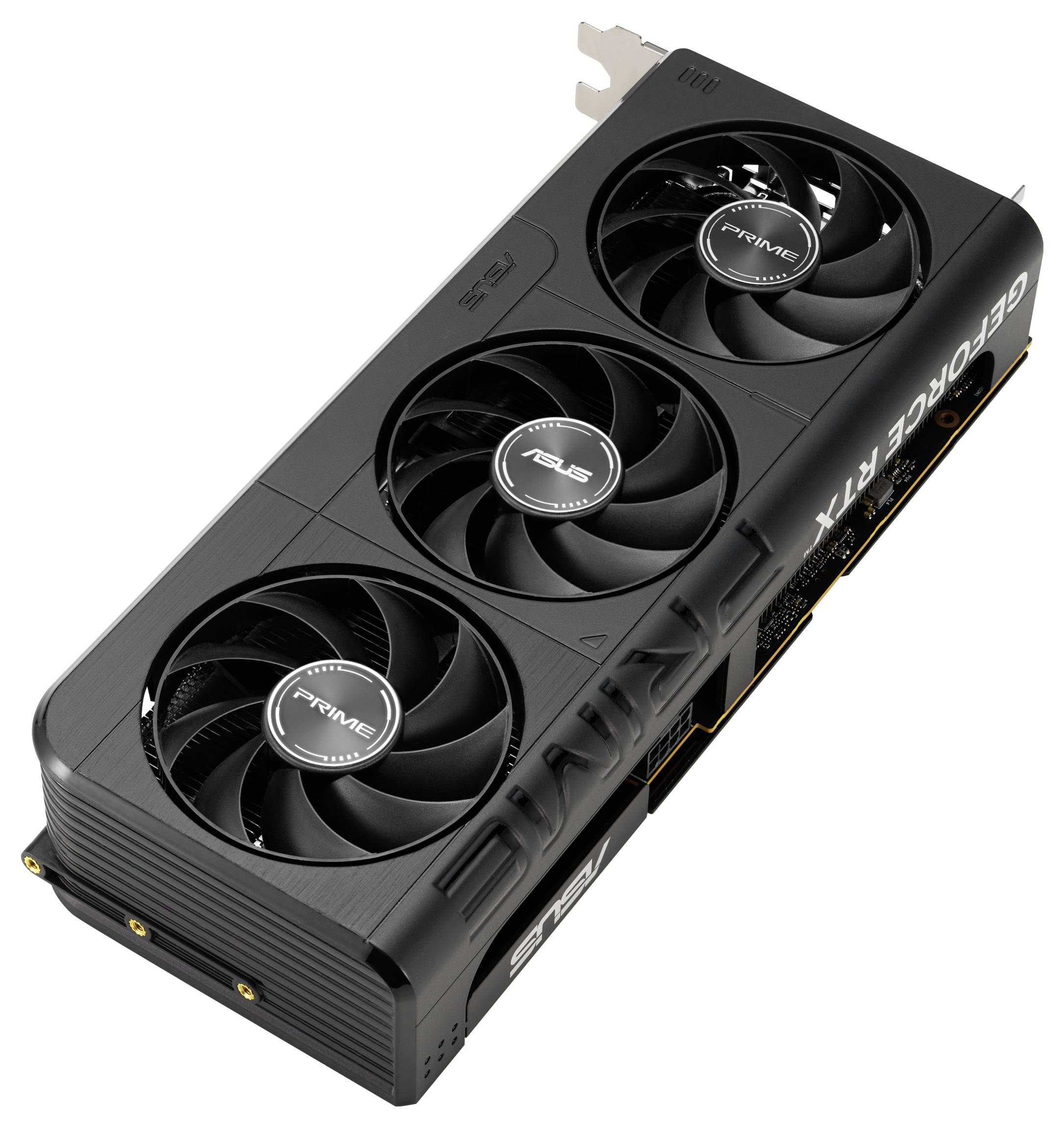 Černá grafická karta se třemi chladicími ventilátory, na jejímž boku je nápis „GeForce RTX". Karta nese značky společností ASUS a Prime.