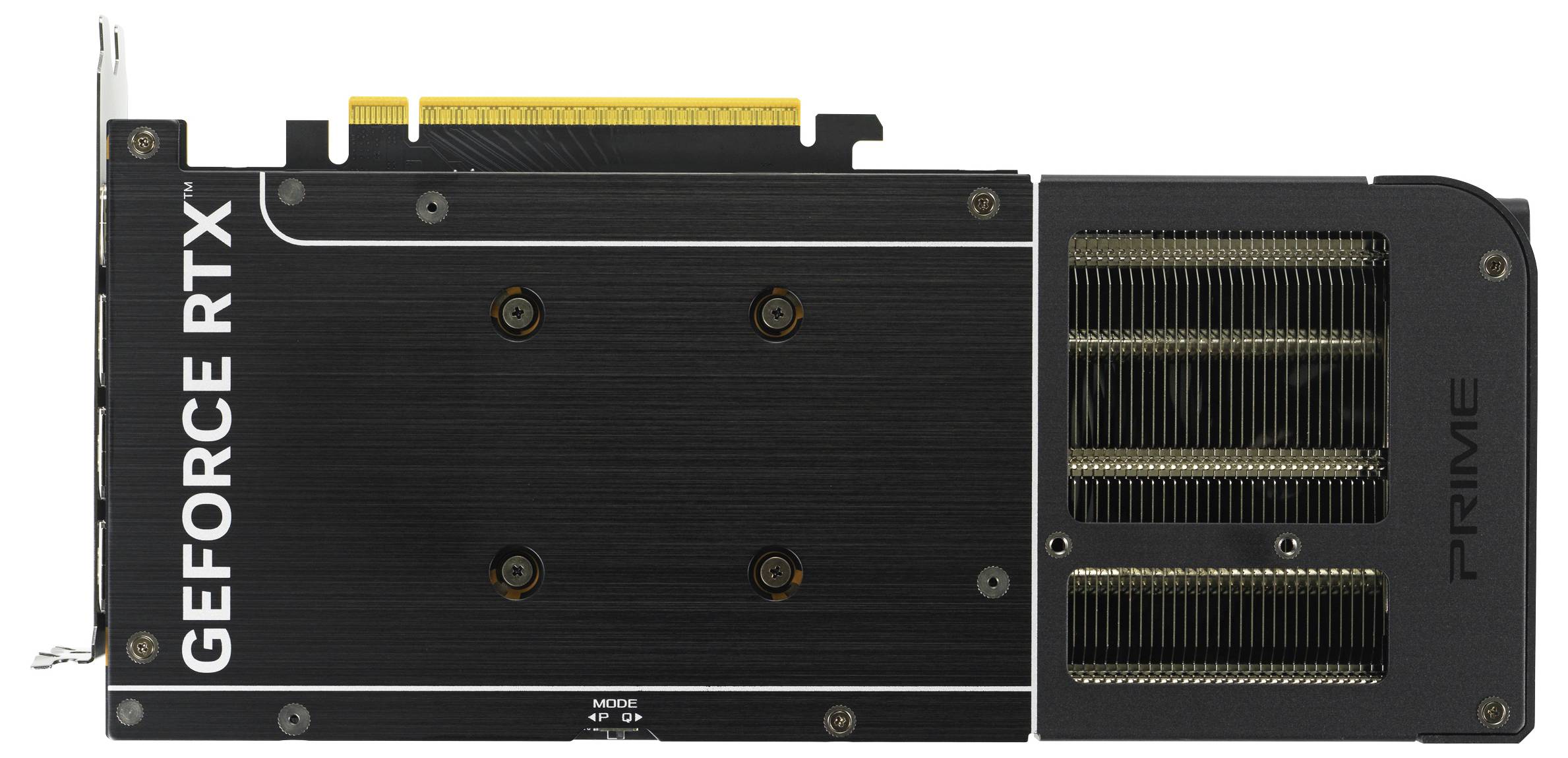 Černá grafická karta s nápisem 'GEFORCE RTX' na boku, zobrazující chladicí žebra a PCI konektor nahoře.