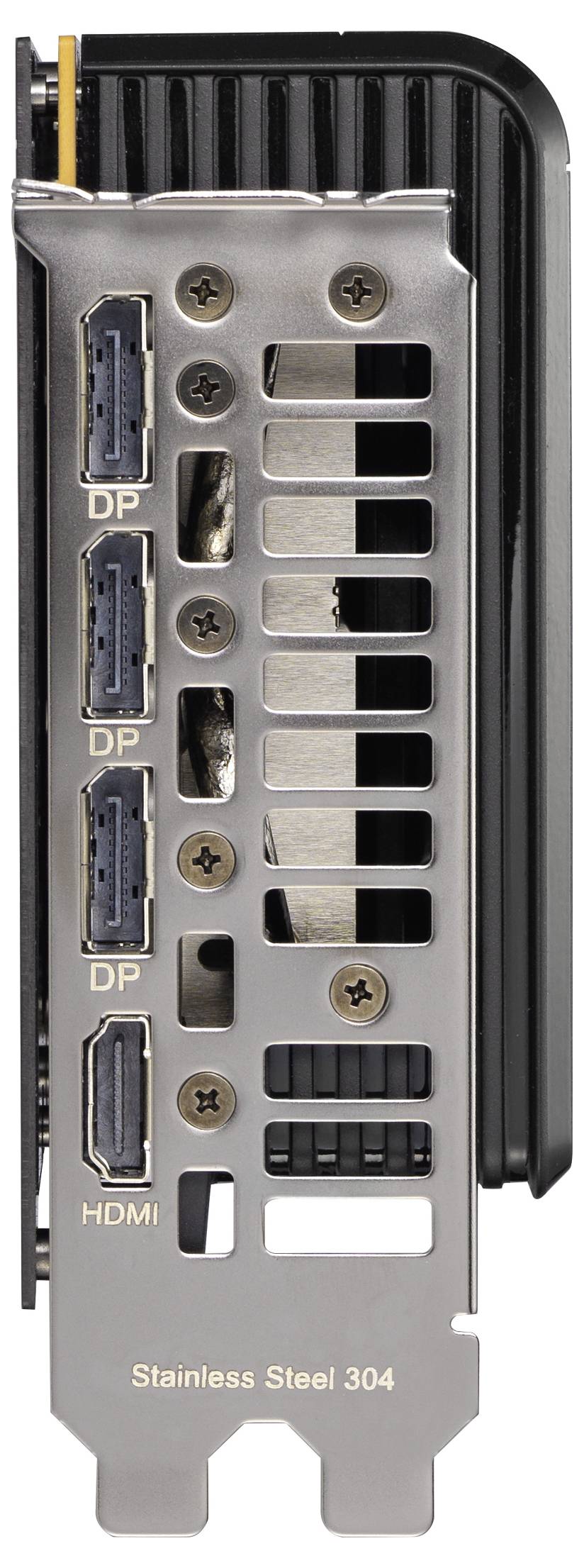 Obrázek ukazuje zadní panel grafické karty se třemi porty DisplayPort (DP) a jedním portem HDMI, označený štítkem "Nerezová ocel 304".