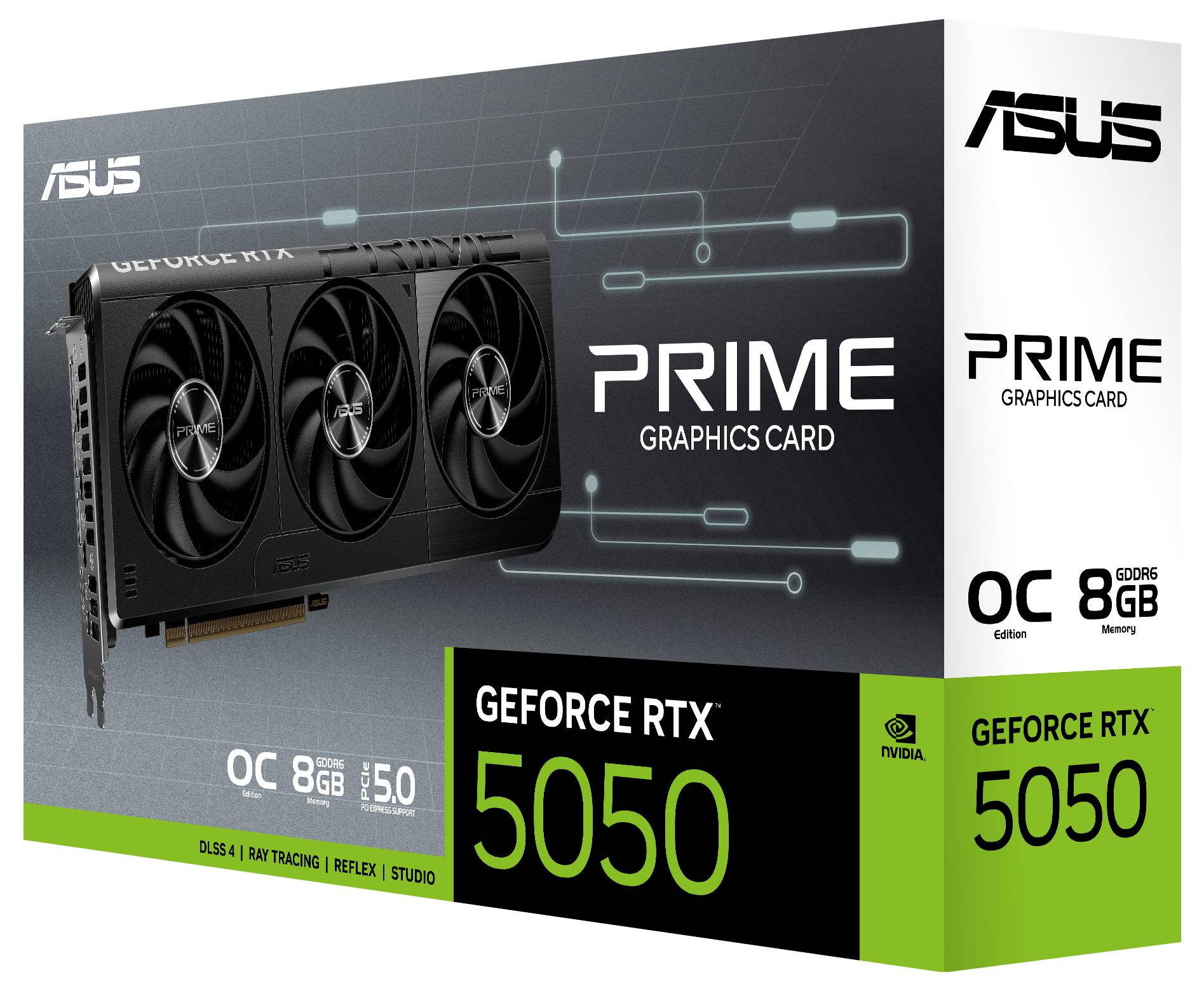 Obrázek zobrazuje krabici od grafické karty ASUS Prime GeForce RTX 5050, která zvýrazňuje funkce jako DLSS 3, ray tracing, 8GB paměti a možnost přetaktování (OC).