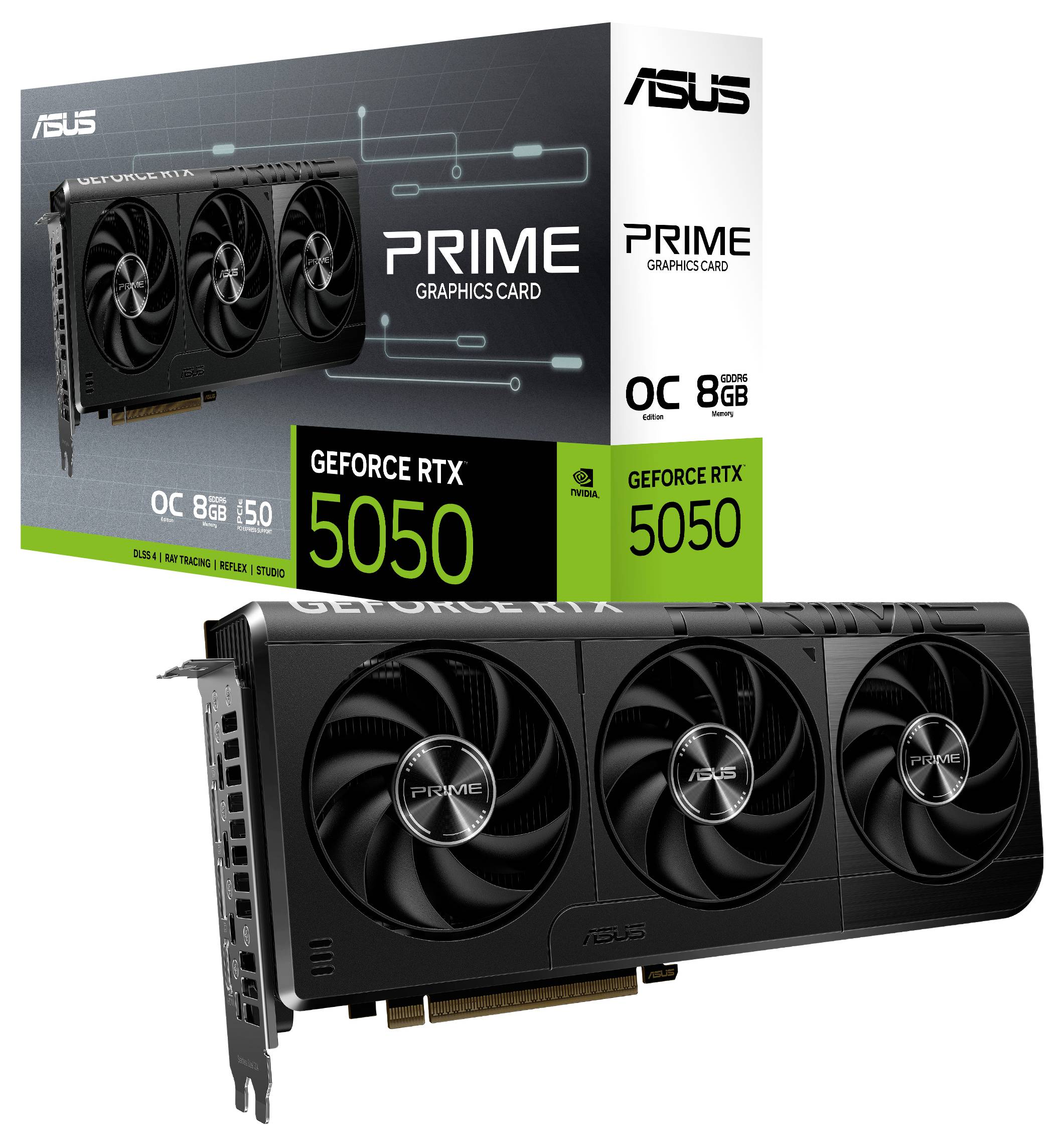 Grafická karta ASUS Prime, model RTX 5050, disponuje trojitým chlazením ventilátorů, 8GB paměti, prezentována s obalem zvýrazňujícím její výkonnostní parametry.