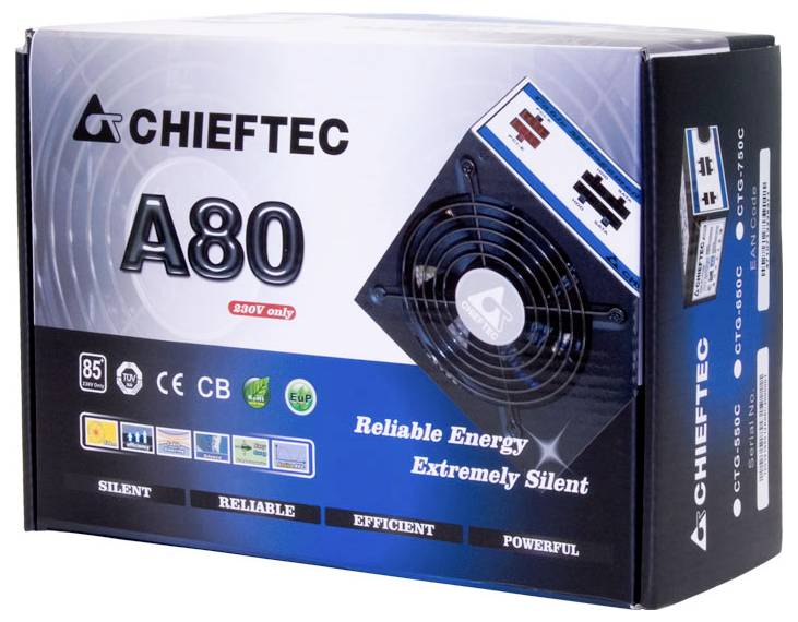 Zde je překlad textu:<br><br>'CHIEFTEC A80' napájecí zdroj, zvýrazňující 'Spolehlivou energii' a 'Mimořádně tichý'. Zobrazeny funkce a certifikace.