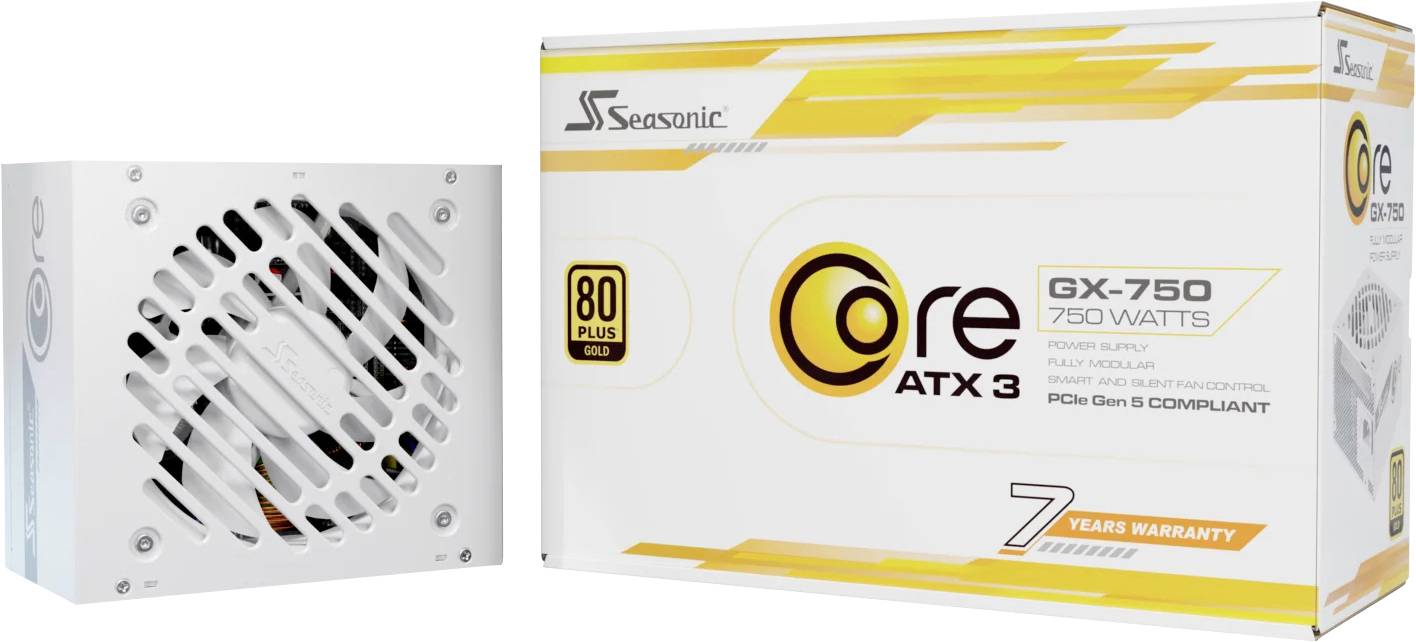 Napájecí zdroj 'Seasonic Core ATX 3 GX-750' včetně krabice. Vlastnosti: 750 wattů, 80 Plus Gold, kompatibilní s PCIe Gen 5, 7letá záruka.