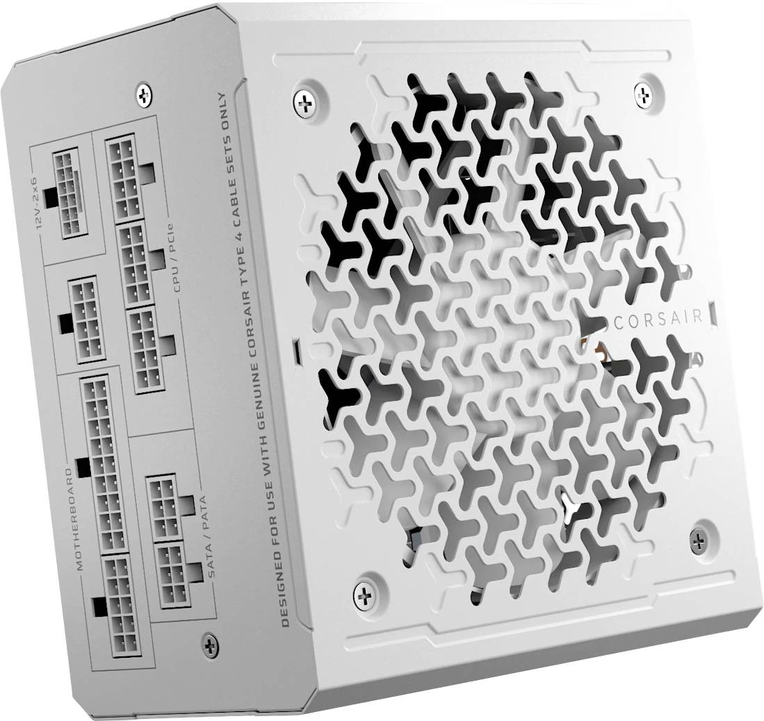 Napájecí zdroj počítače s modulárními kabelovými porty a označenou mřížkou ventilátoru, který zdůrazňuje možnosti připojení a design chlazení.