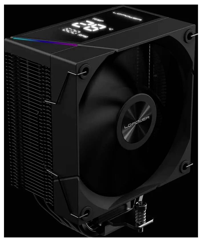 Černý počítačový ventilátor s obdélníkovým krytem, který na horní straně zobrazuje teplotu a nastavení rychlosti na digitálním displeji.
