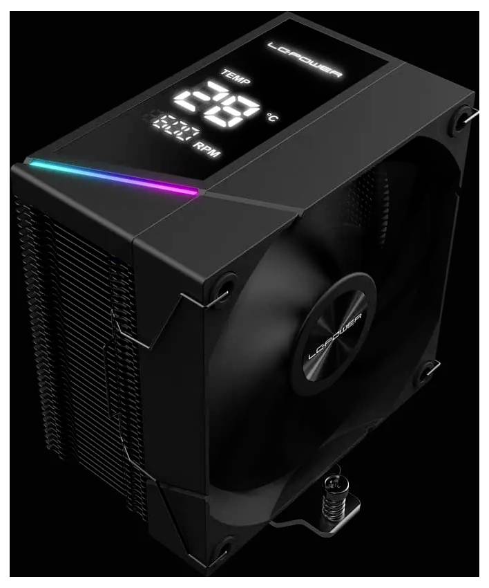 Černý chladič CPU počítače s digitálním displejem zobrazujícím 'TEPLOTA 28°C' a otáčky ventilátoru '1234 ot./min'. Má přízvukové LED osvětlení.