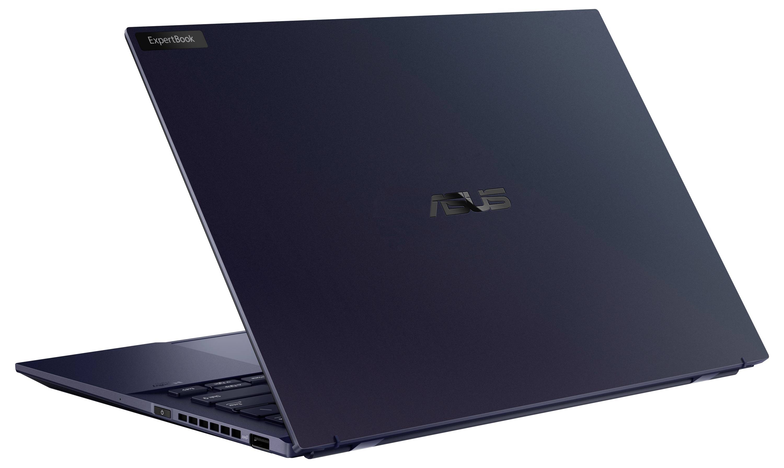 Notebook ASUS ExpertBook, částečně otevřený, ukazující elegantní tmavý design.