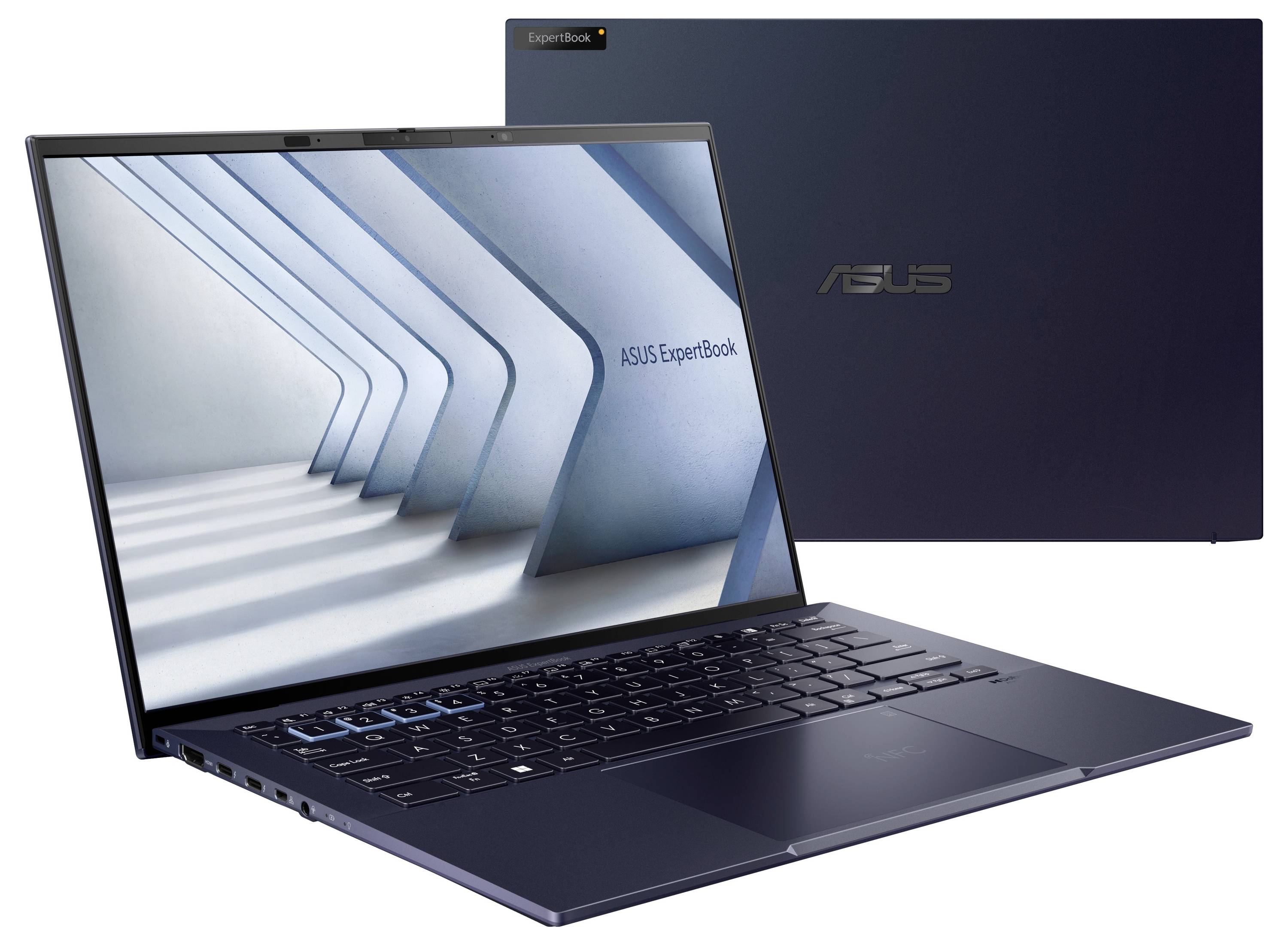 Elegantní otevřený notebook s moderním designem, jehož displej zobrazuje text „ASUS ExpertBook". Notebook je tmavé barvy s logem ASUS.