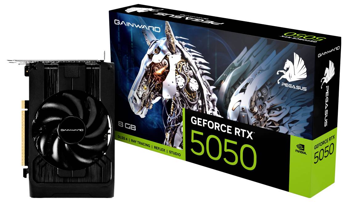 Grafická karta 'Gainward GeForce RTX 5050' s pamětí '8 GB', zobrazená vedle své krabice s ilustrací mechanického pegase.