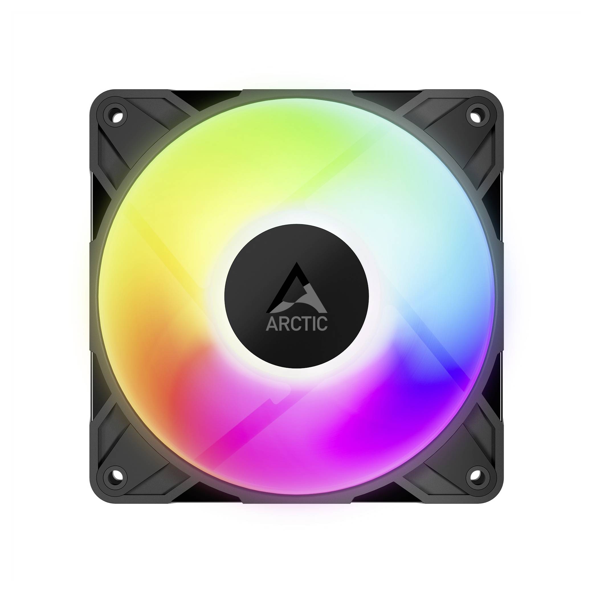 Počítačový chladící ventilátor ve tvaru čtverce s RGB osvětlením v multibarevných odstínech. Ve středu je text 'ARCTIC' a trojúhelníkové logo.