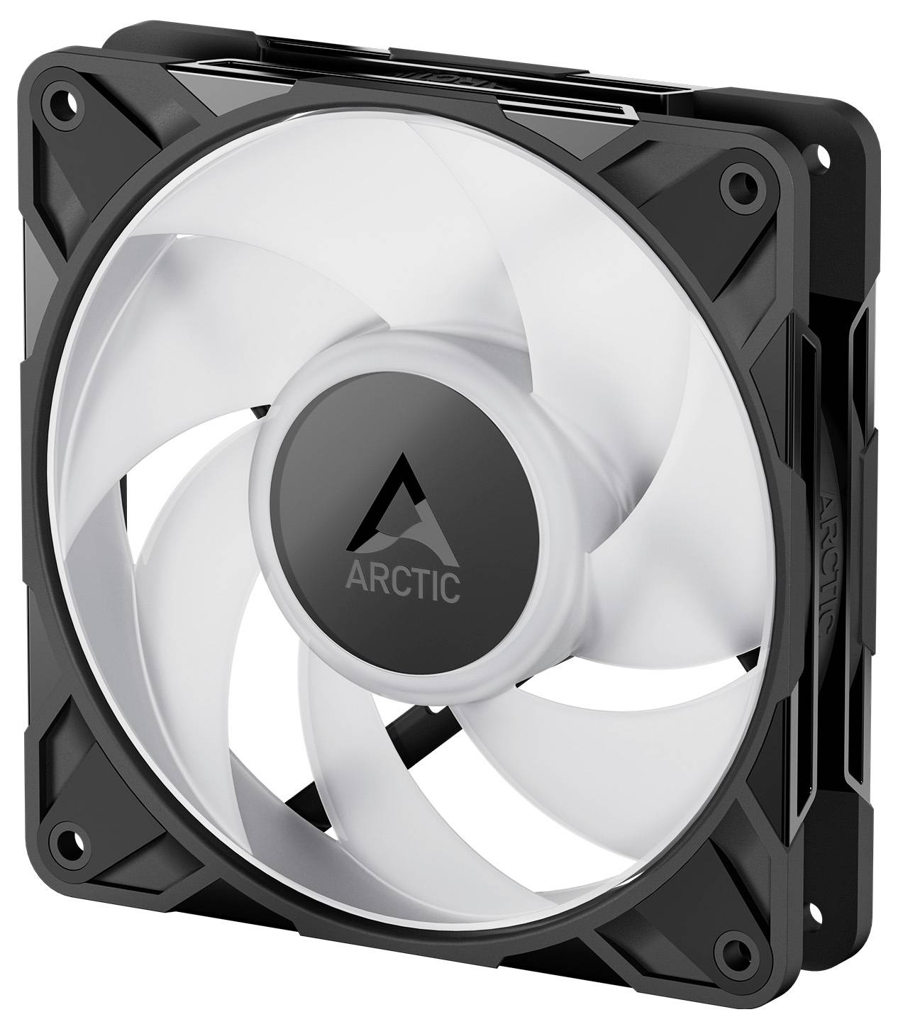 Černobílý počítačový chladicí ventilátor s logem 'Arctic', který se vyznačuje elegantním, moderním designem s křivkovitými lopatkami.