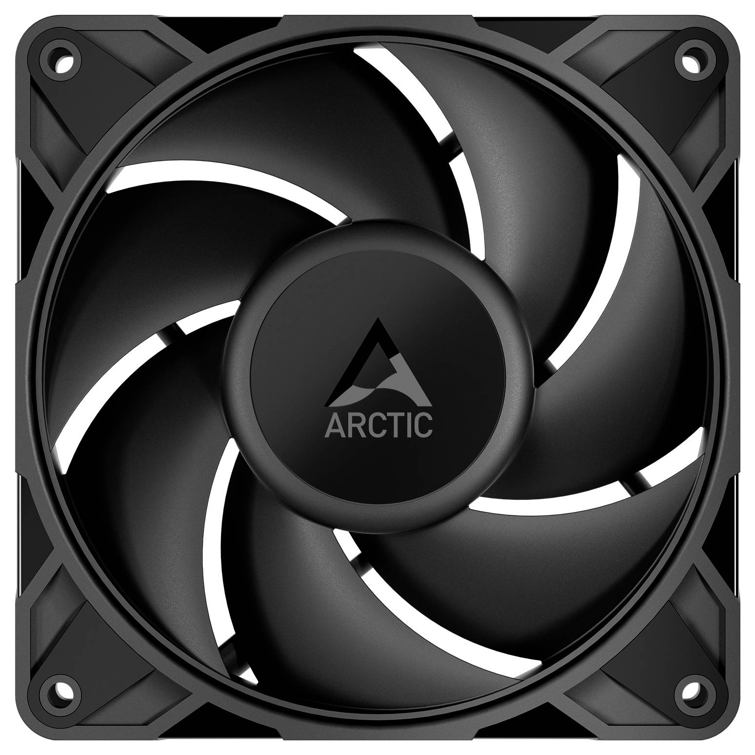 Černý počítačový chladicí ventilátor s pěti listy, který má uprostřed logo 'ARCTIC', navržený pro efektivní proudění vzduchu.