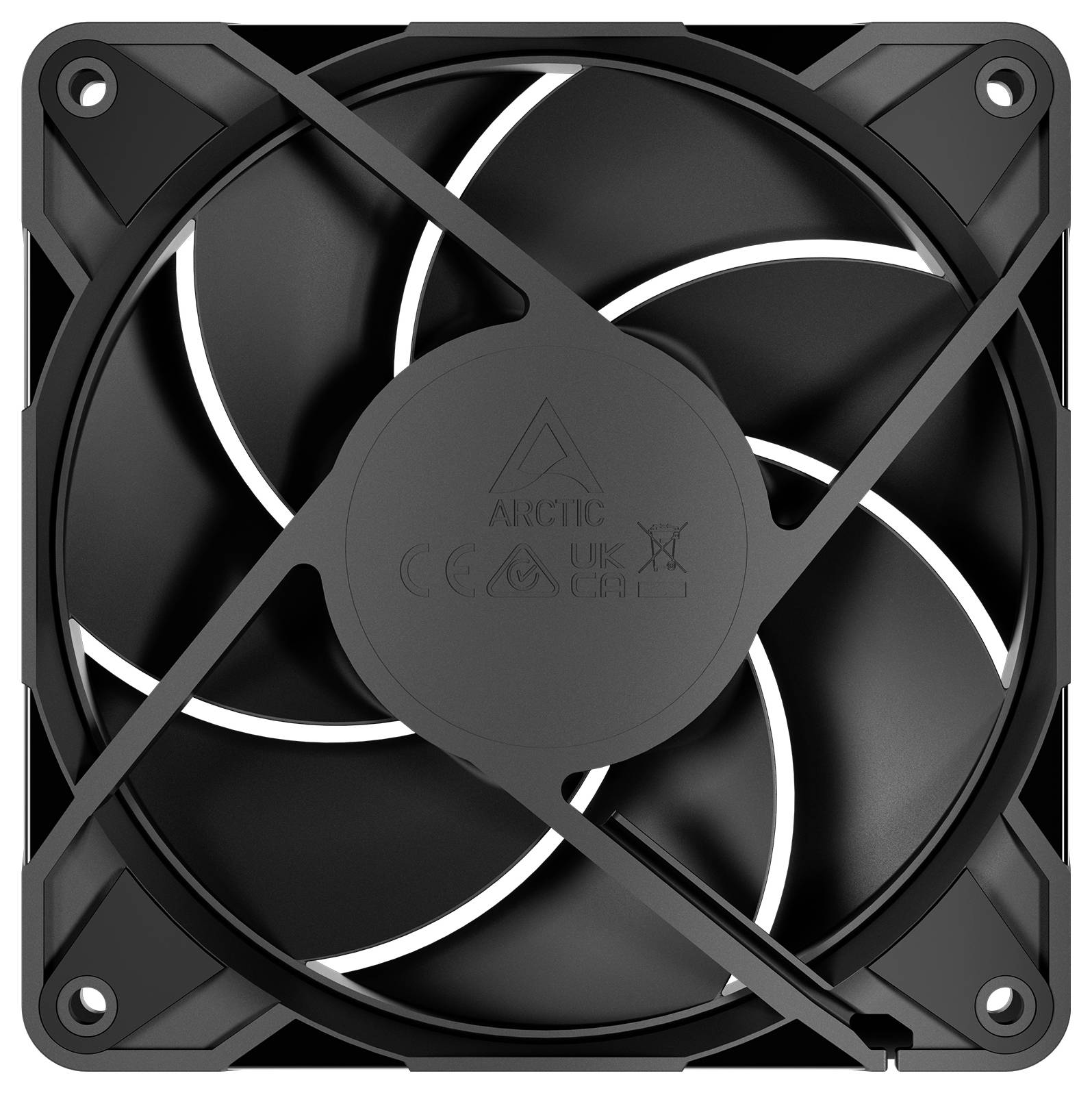 Černý počítačový chladicí ventilátor s elegantnímí zakřivenými lopatkami a čtvercovým rámem, navržený pro efektivní proudění vzduchu v počítačové skříni.
