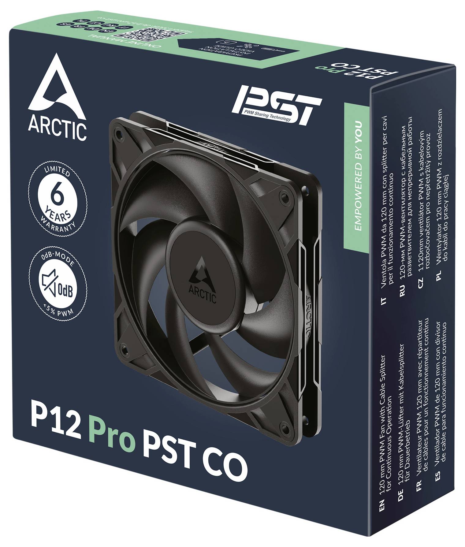 Krabice s černým počítačovým ventilátorem označená "ARCTIC P12 Pro PST CO", s 6letou zárukou a 0dB módem.