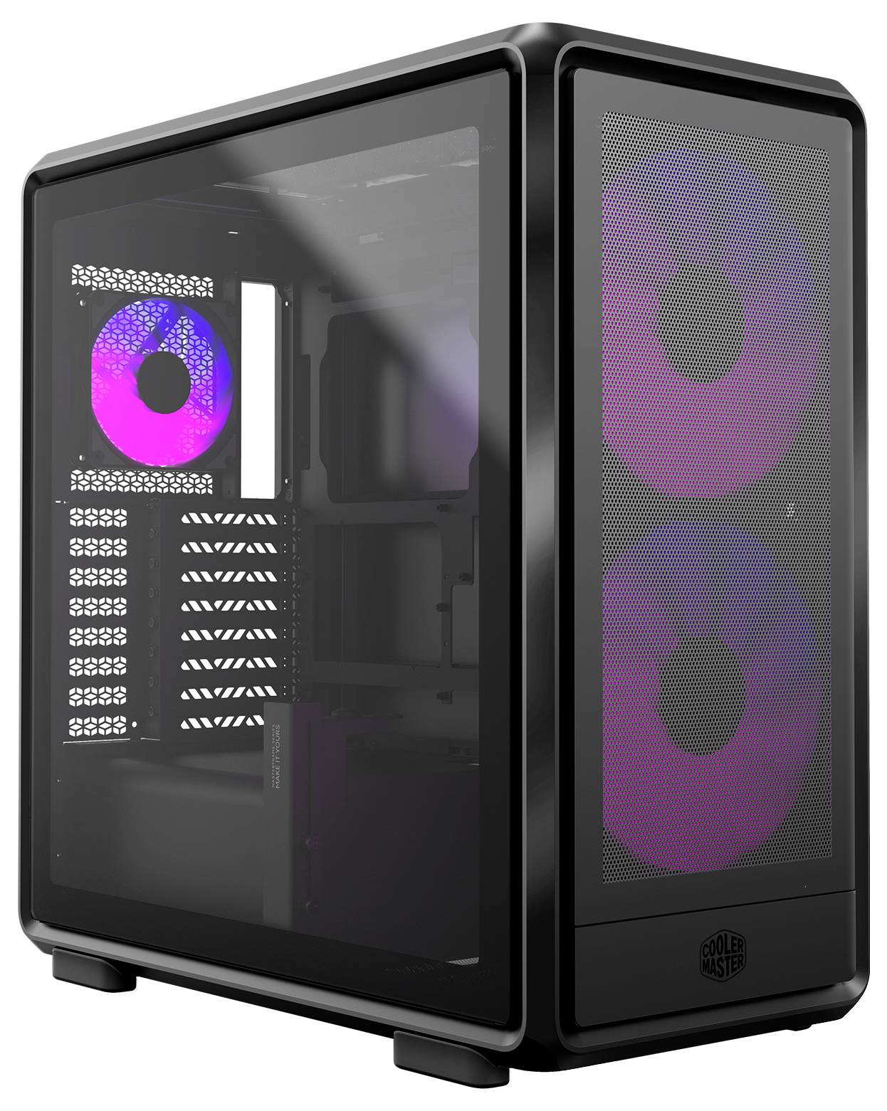 Černý počítačový věžový kryt s průhledným bočním panelem a přední mřížkou, vybavený třemi velkými RGB ventilátory osvětlenými fialovou barvou.