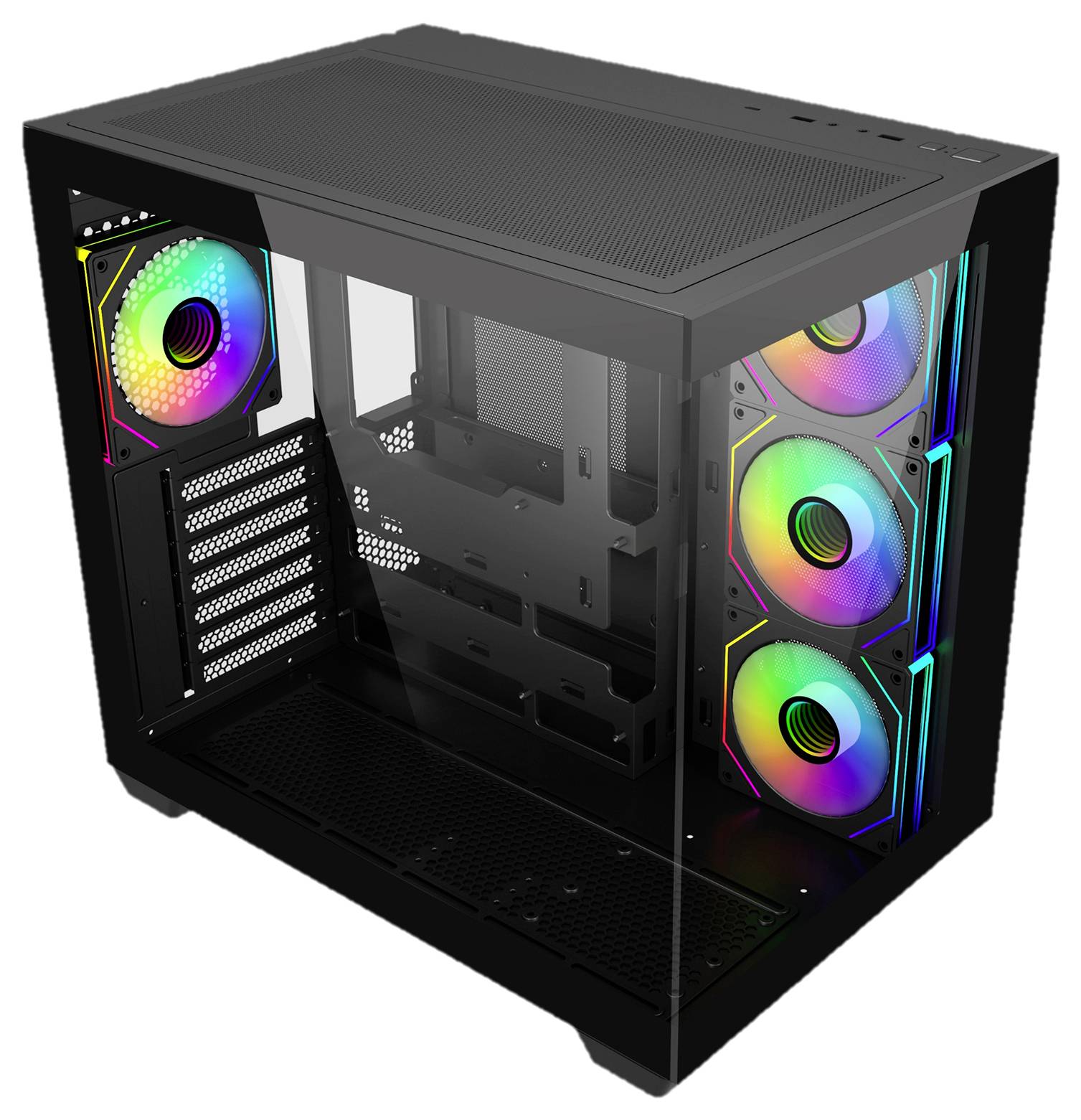 Černý počítačový case s průhlednými bočními panely, který ukazuje barevné LED ventilátory a multiple sloty pro komponenty.