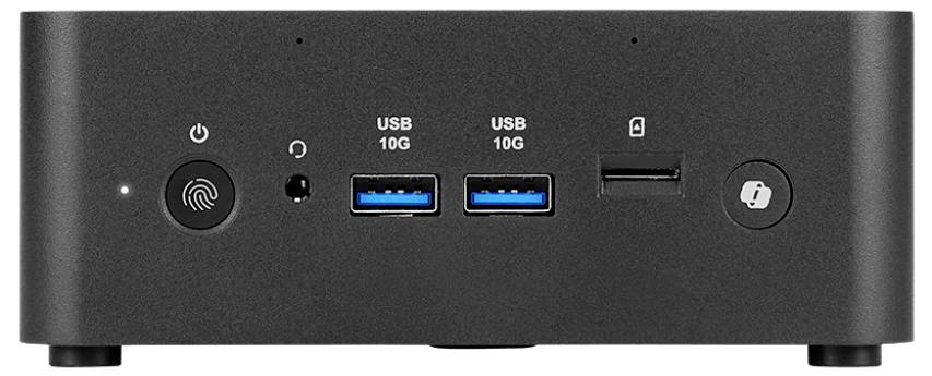 Pohled zepředu na počítačové zařízení zobrazující snímač otisků prstů, vypínač, dva porty USB 10G, audiokonektror a čtečku karet.