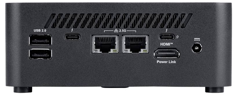 Pohled zezadu na černé elektronické zařízení zobrazující různé porty: dva USB 2.0, dva USB-C, dva ethernetové porty, HDMI a napájecí vstup.