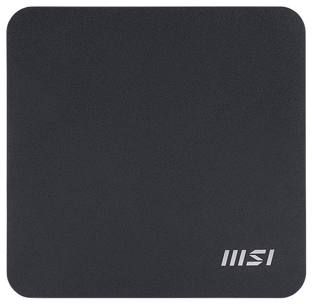 Černé čtvercové logo MSI na tmavém pozadí.