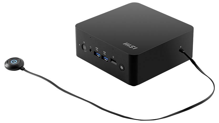Černá obdélníková počítačová dokovací stanice s logem MSI, vybavená několika USB porty, vypínačem a připojeným kruhovým zařízením.