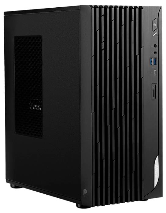 Černá stolní počítačová skříň s předním panelem s vertikálními drážkami, vypínačem, USB porty a audio zdířkami.