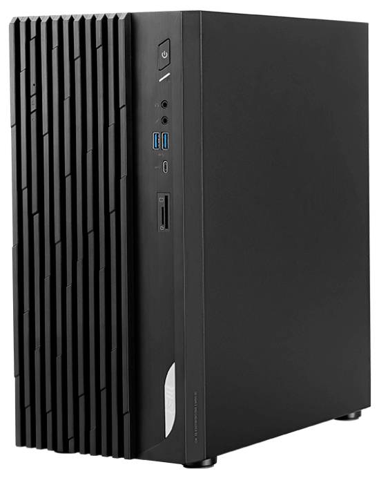 Černá věž stolního počítače s moderním, vertikálně žebrovaným designem na přední straně, vybavená několika USB porty a tlačítkem napájení.