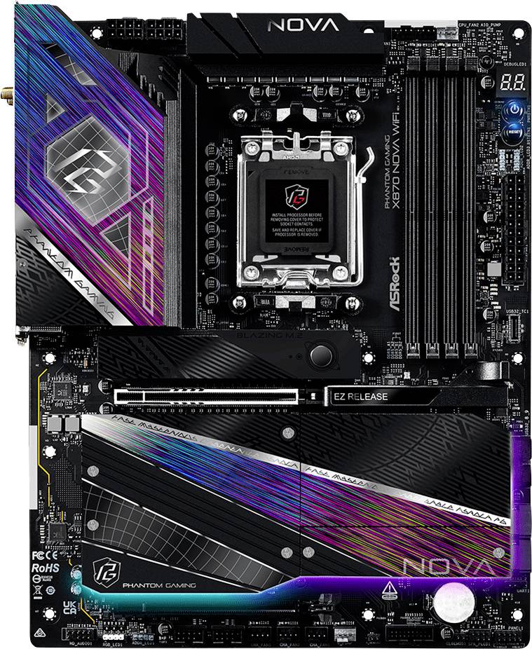 Základní deska s živým, geometrickým designem zahrnující několik PCIe slotů, slotů pro RAM a velkou patici procesoru. Označená jako 'Phantom Gaming'.