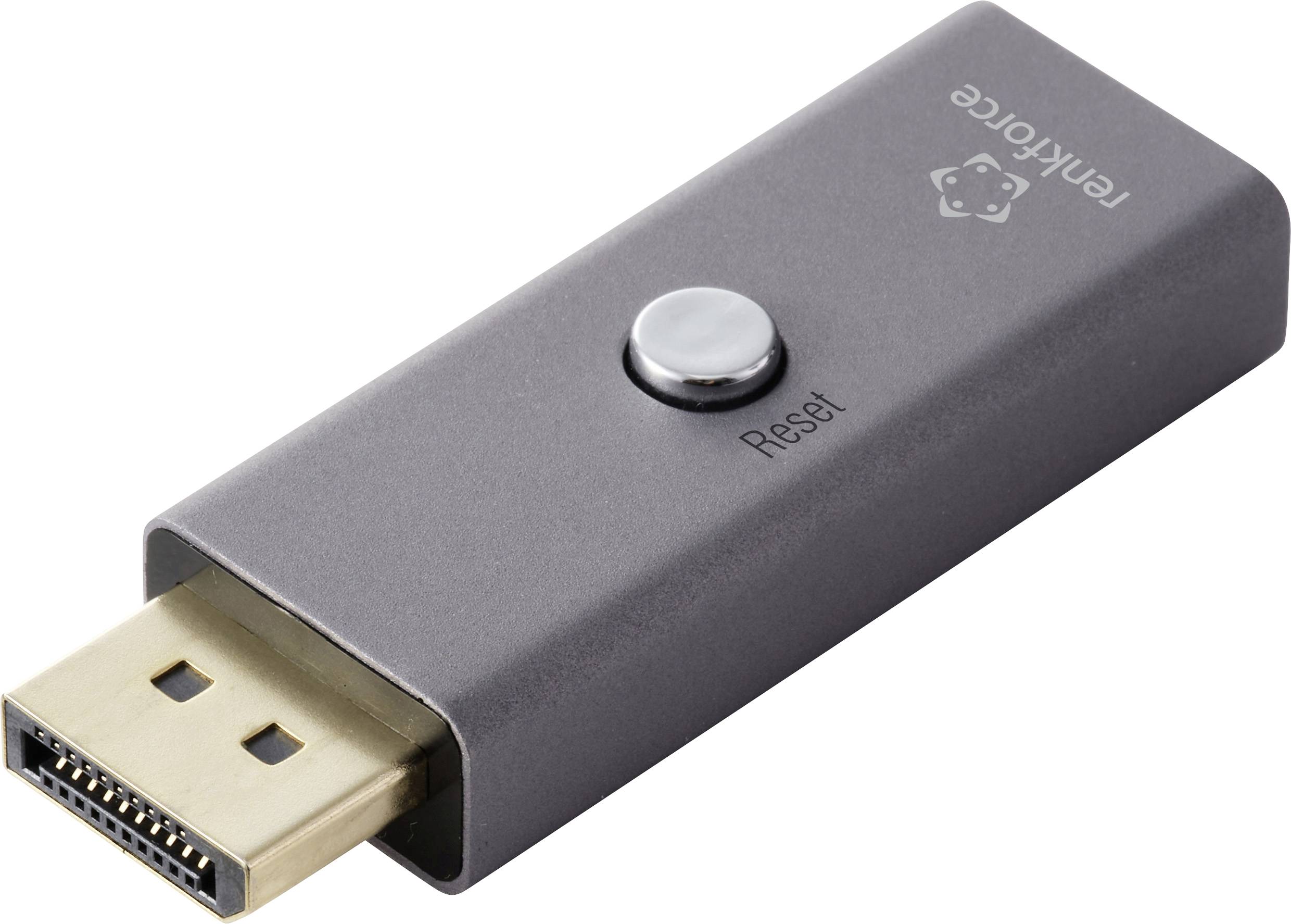 Obdélníkové elektronické zařízení s tlačítkem 'Reset', které je vybaveno konektorem DisplayPort.