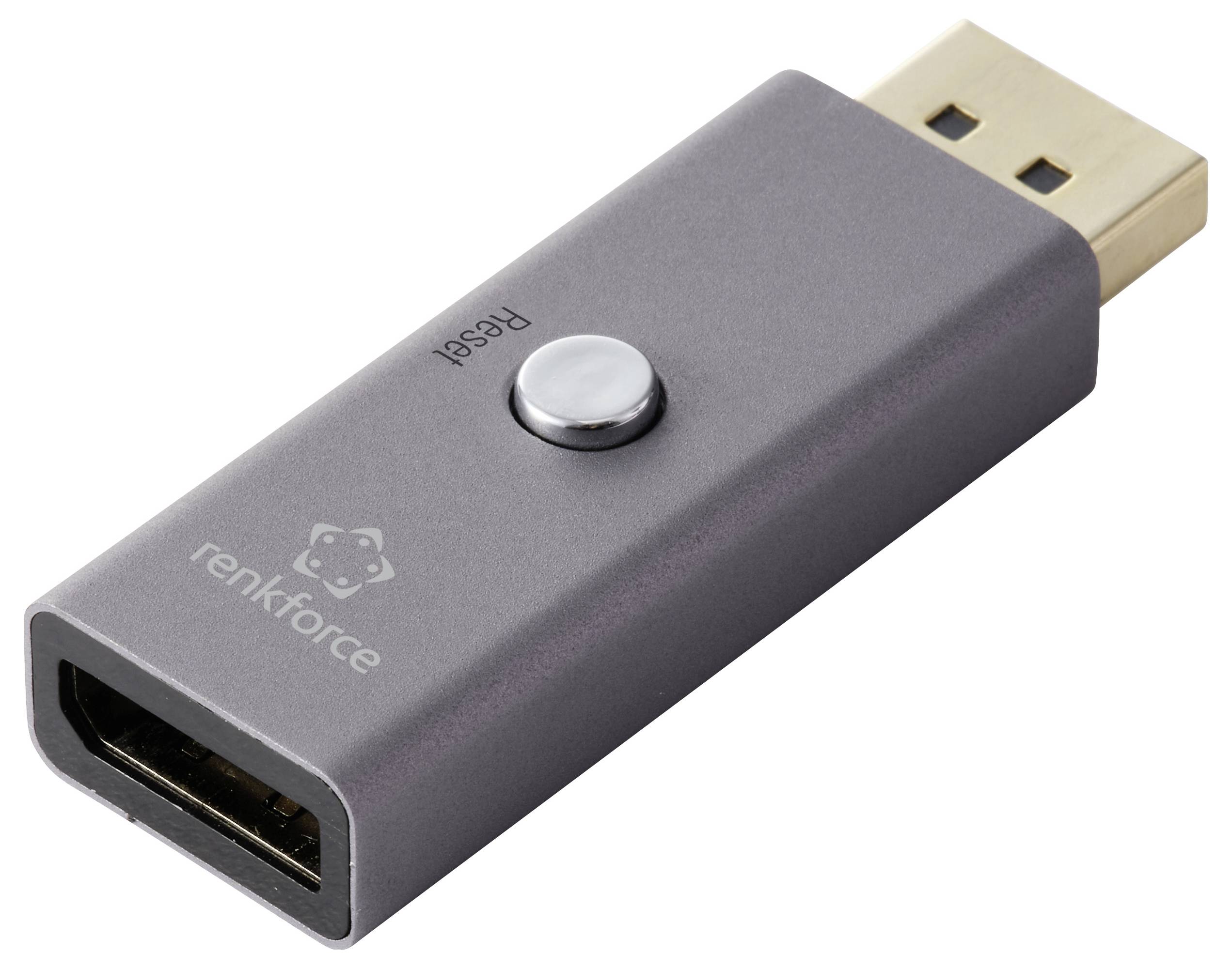 USB HDMI dongle s logem 'renkforce', vybavený resetovacím tlačítkem. Je kovový a obdélníkový, určený pro připojení HDMI zařízení.