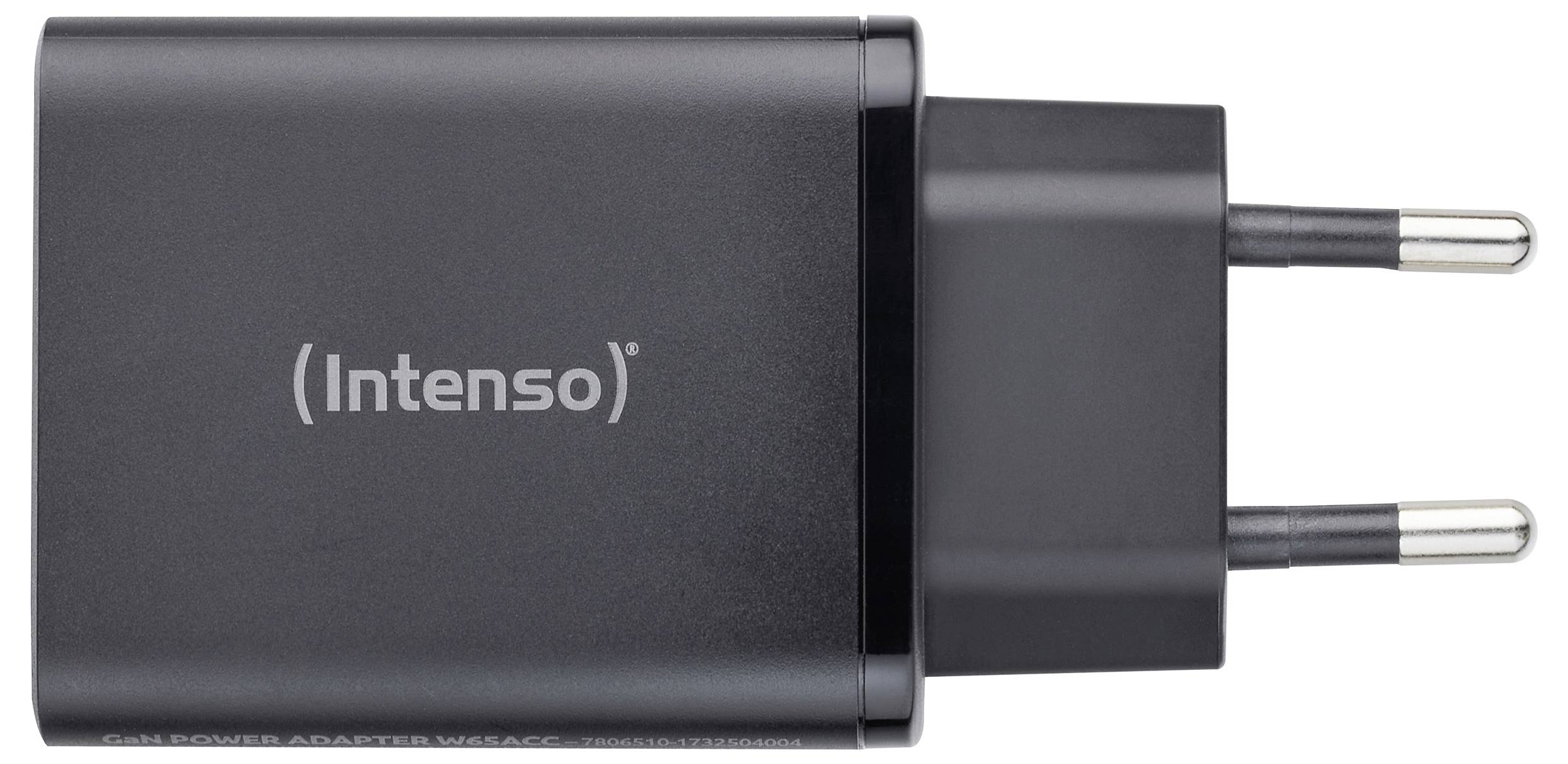 Černá USB nástěnná nabíječka Intenso se dvěma kolíky pro evropské zásuvky, určená k nabíjení elektronických zařízení, zobrazená na bílém pozadí.