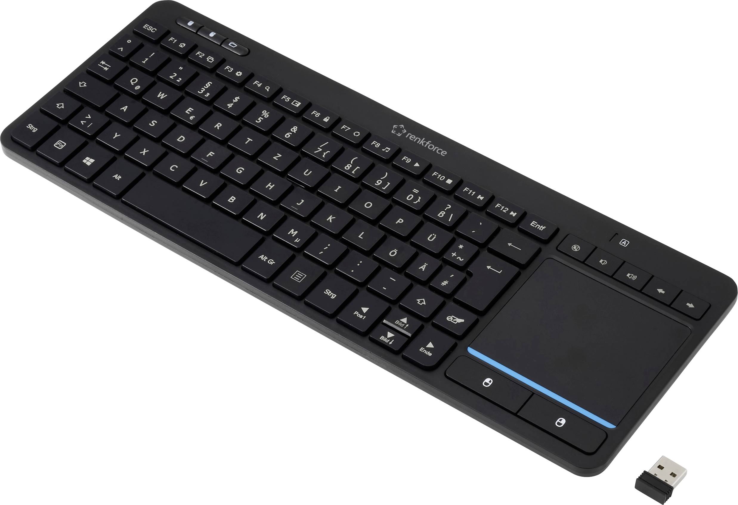 Černá bezdrátová klávesnice s integrovaným touchpadem a USB přijímačem, vykazující kompaktní design vhodný pro všestranné použití.