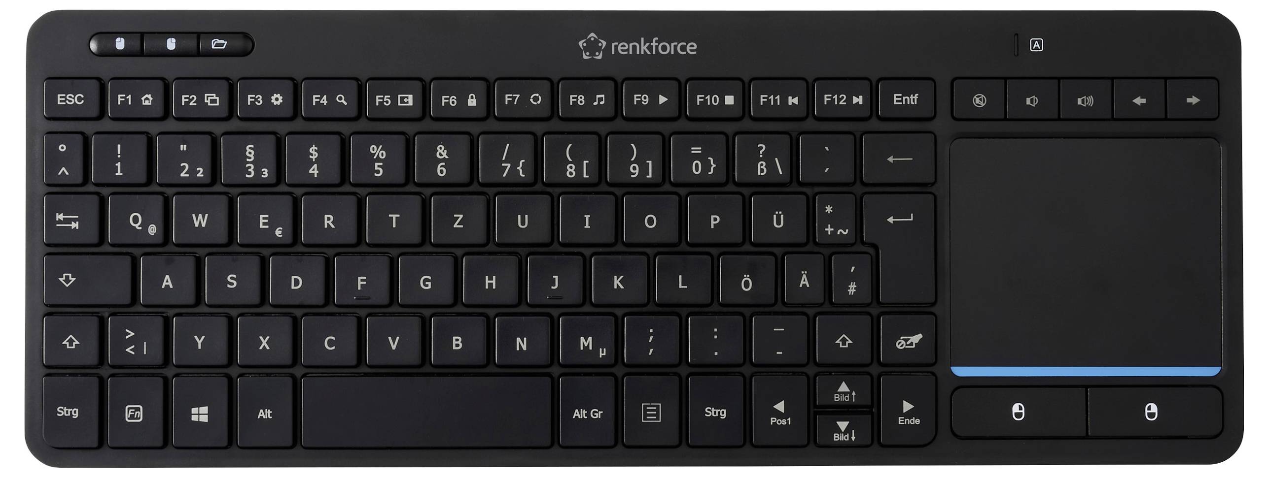 Černá bezdrátová klávesnice renkforce s numerickou klávesnicí a touchpadem na pravé straně. Kompaktní design vhodný pro víceúčelové použití.