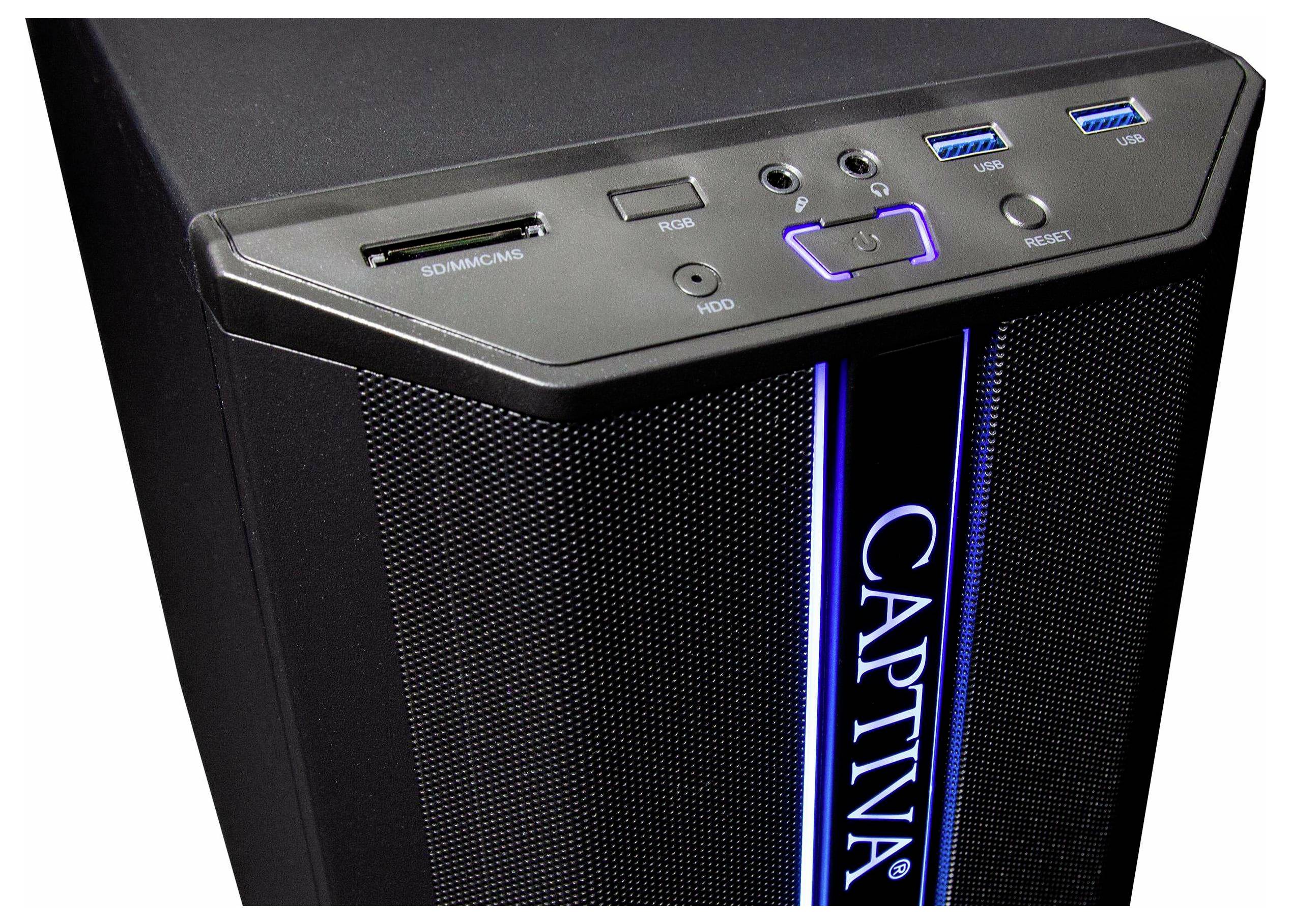Černá počítačová skříň Captiva s modrou LED světelnou lištou na předním panelu, která je vybavena USB porty a audio zdířkami na horní straně.