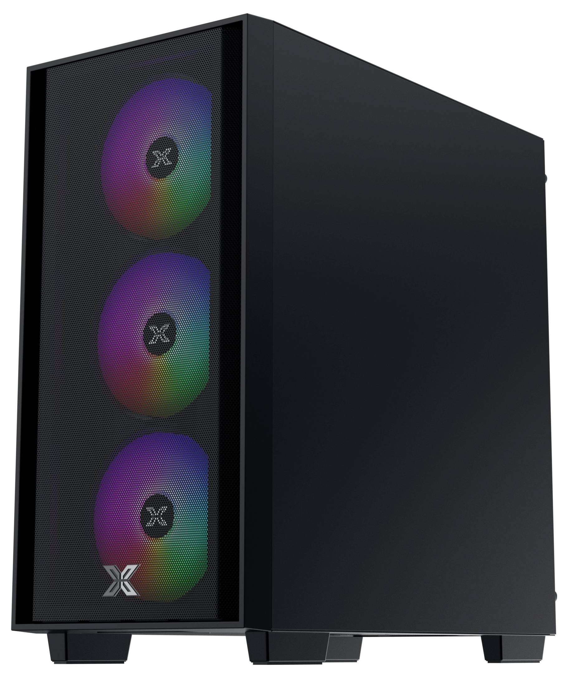 Černá herní PC skříň s třemi kruhovými vícebarevnými RGB ventilátory viditelnými na přední straně.