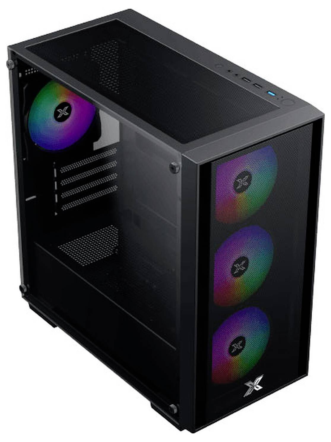 Černá počítačová skříň s třemi předními RGB ventilátory a jedním zadním RGB ventilátorem, s průhledným bočním panelem a porty umístěnými nahoře.