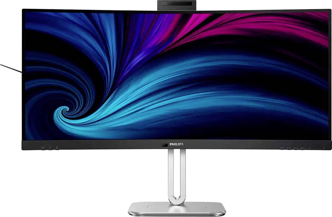 Širokoúhlý monitor zobrazující živoucí abstraktní vzor vírovitých modrých a růžových barev, který navozuje vizuálně pohlcující zážitek.