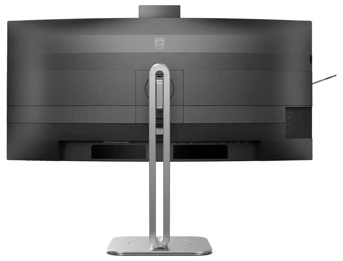 Zadní pohled na širokobrazovkový počítačový monitor se štíhlým stojanem, který předvádí jeho elegantní design a prvky organizace kabeláže.