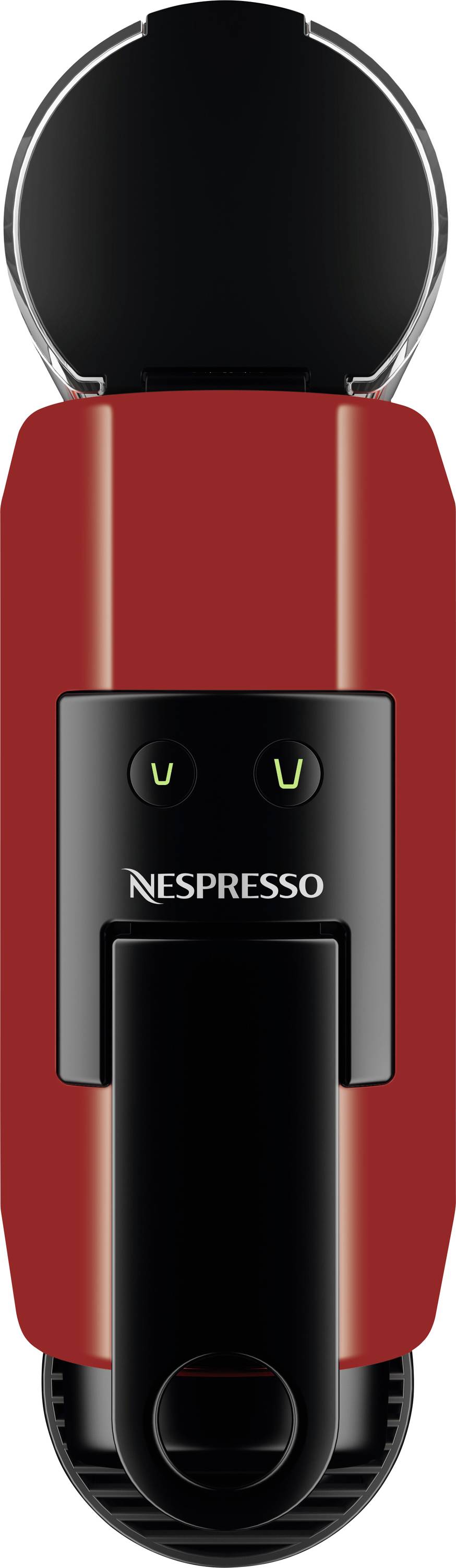 Červený Nespresso kávovar, pohled shora, zobrazující firemní štítek a dvě zelené indikační kontrolky.