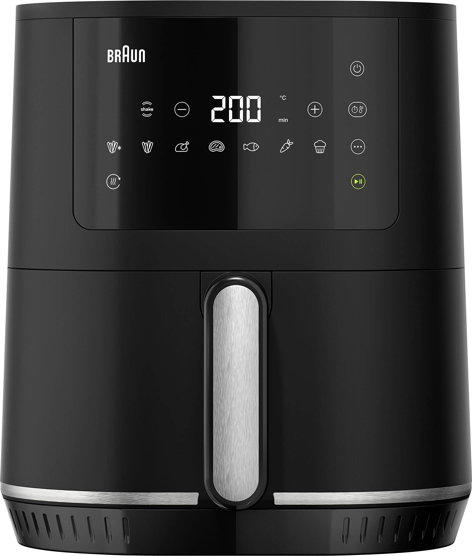 Černá horkovzdušná fritéza s digitálním displejem zobrazujícím '200°C' a ikonami pro různé varné programy.