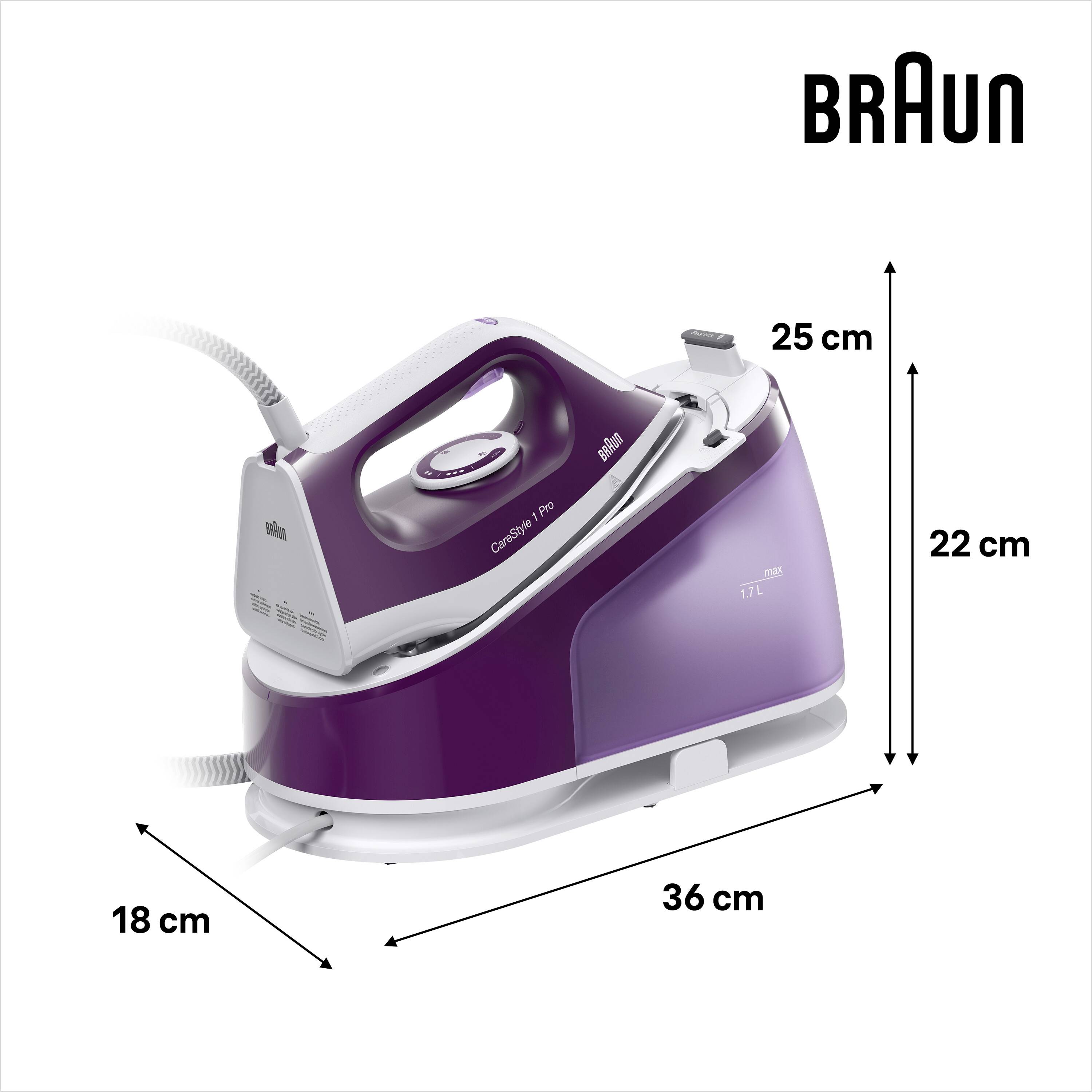 Fialovo-bílá parní žehlicí stanice Braun s rozměry: šířka 36 cm, hloubka 18 cm, výška 25 cm pro žehličku, 22 cm pro základnu.