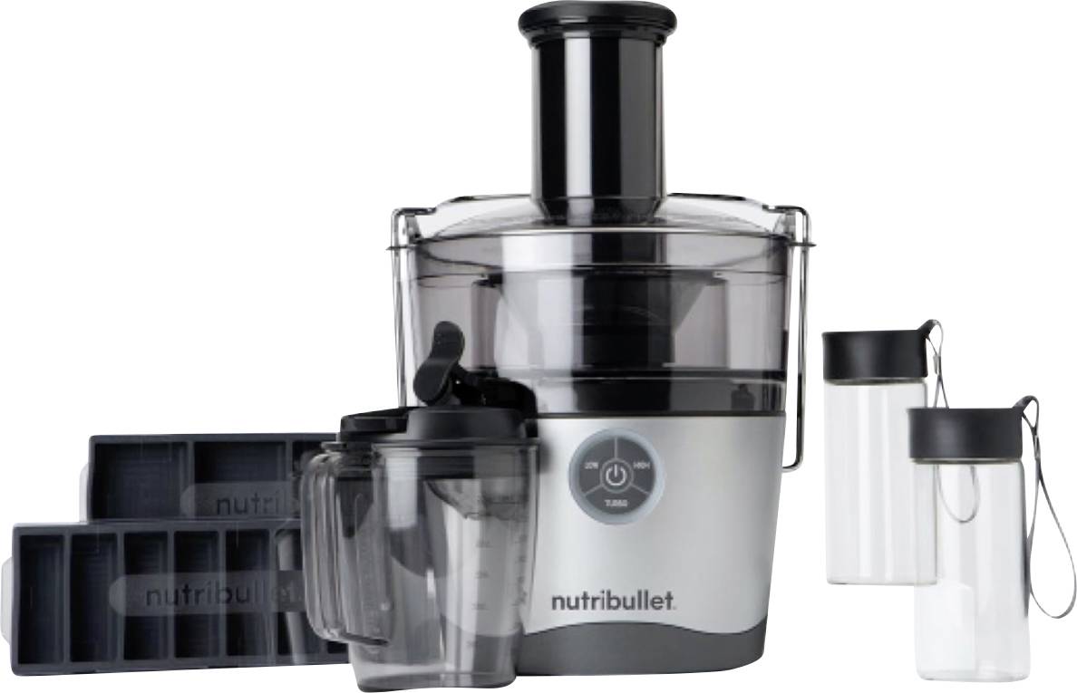 Sada mixéru Nutribullet sestávající z hlavní mixovací jednotky, dvou přenosných lahví a formičky na led, vše navrženo pro míchání a uchovávání šťáv.