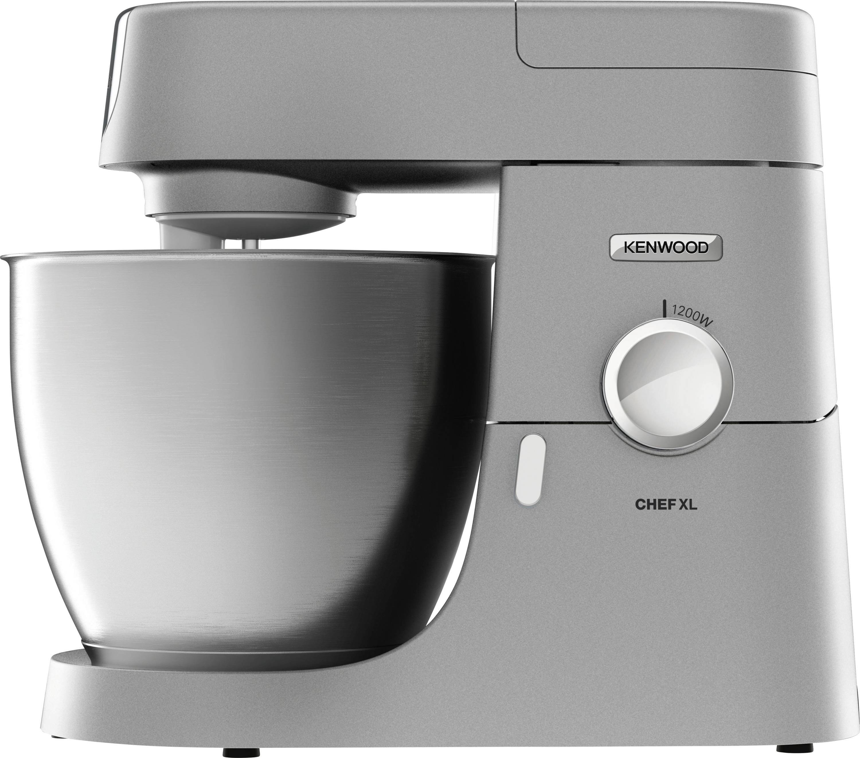 Stříbrný kuchyňský robot se velkou míchací mísou a ovladačem rychlosti, označený nápisem 'Kenwood Chef XL'. Robot je navržen pro použití v kuchyni.